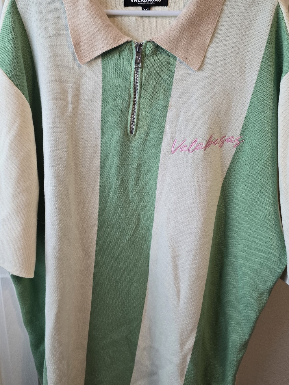 Valabasas Designed In Memphis Striped Knit Zip Polo Shirt Green Cream Mens 2XL